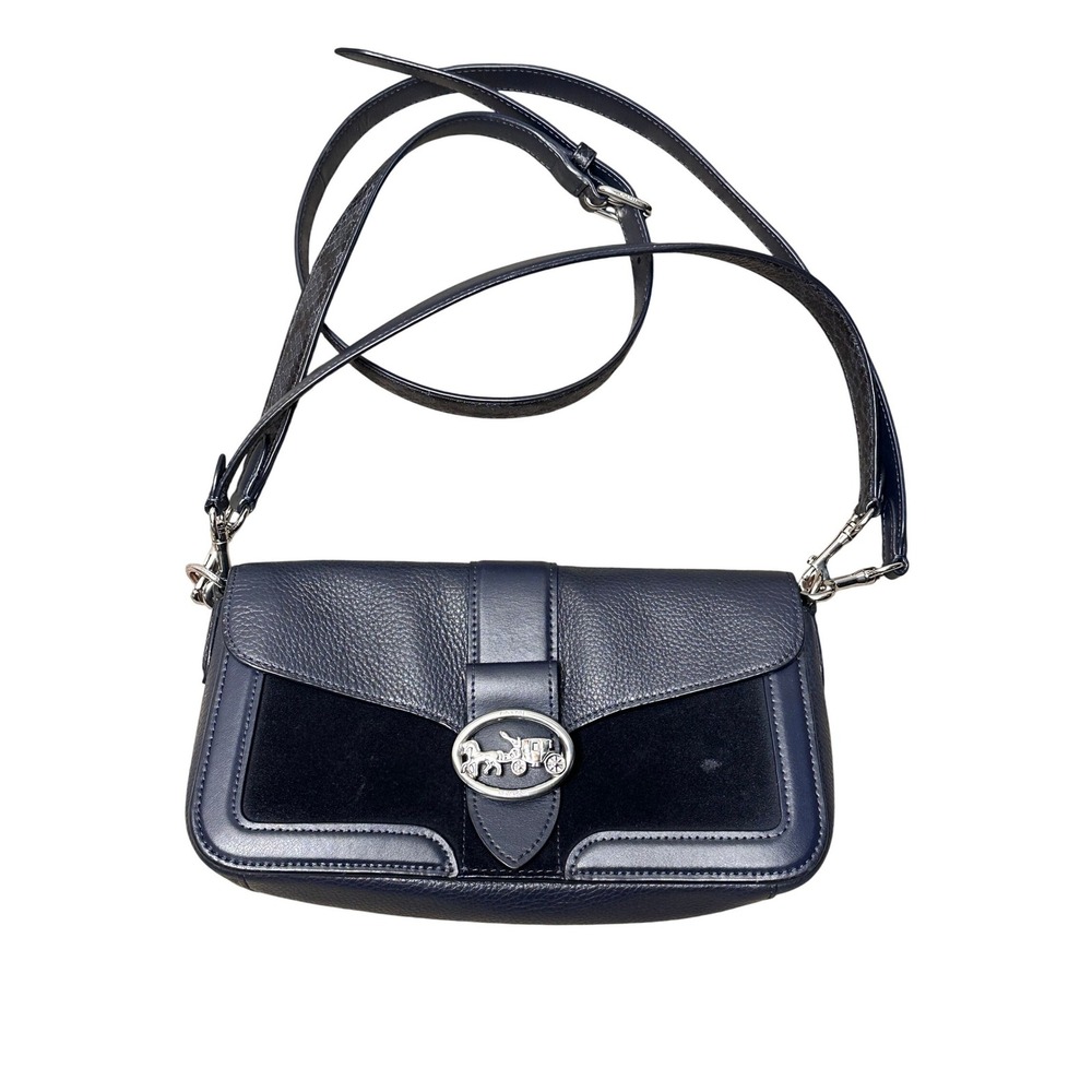 Coach Pebble Suede Shoulder Bag Navy Blue Horse Carriage Logo Adjustable Strap